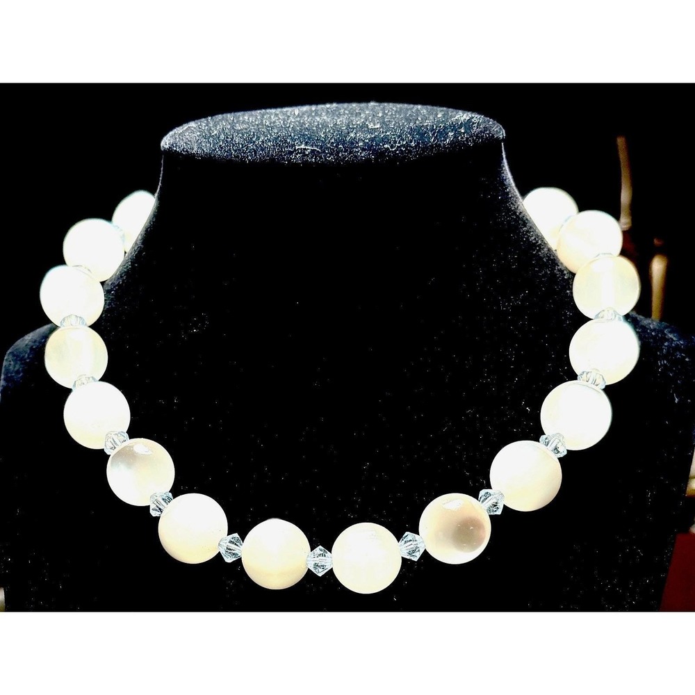 90s Lucite Moon Glow White Beaded Necklace Blue Spacers Retro Chokers